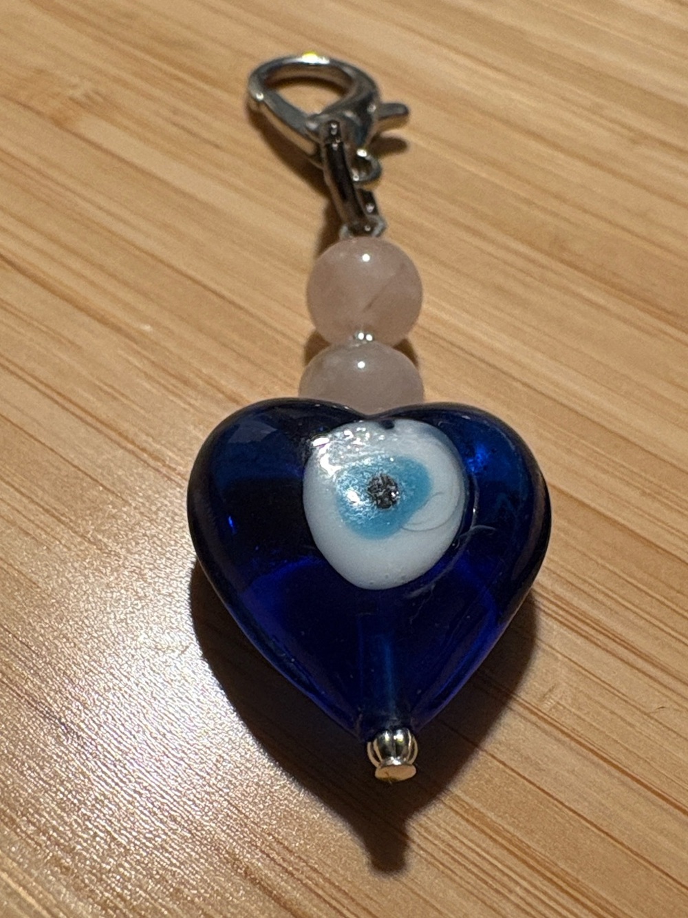 Handcrafted Rose Quartz Evil Eye Heart Glass Charm - Picture 2 of 6